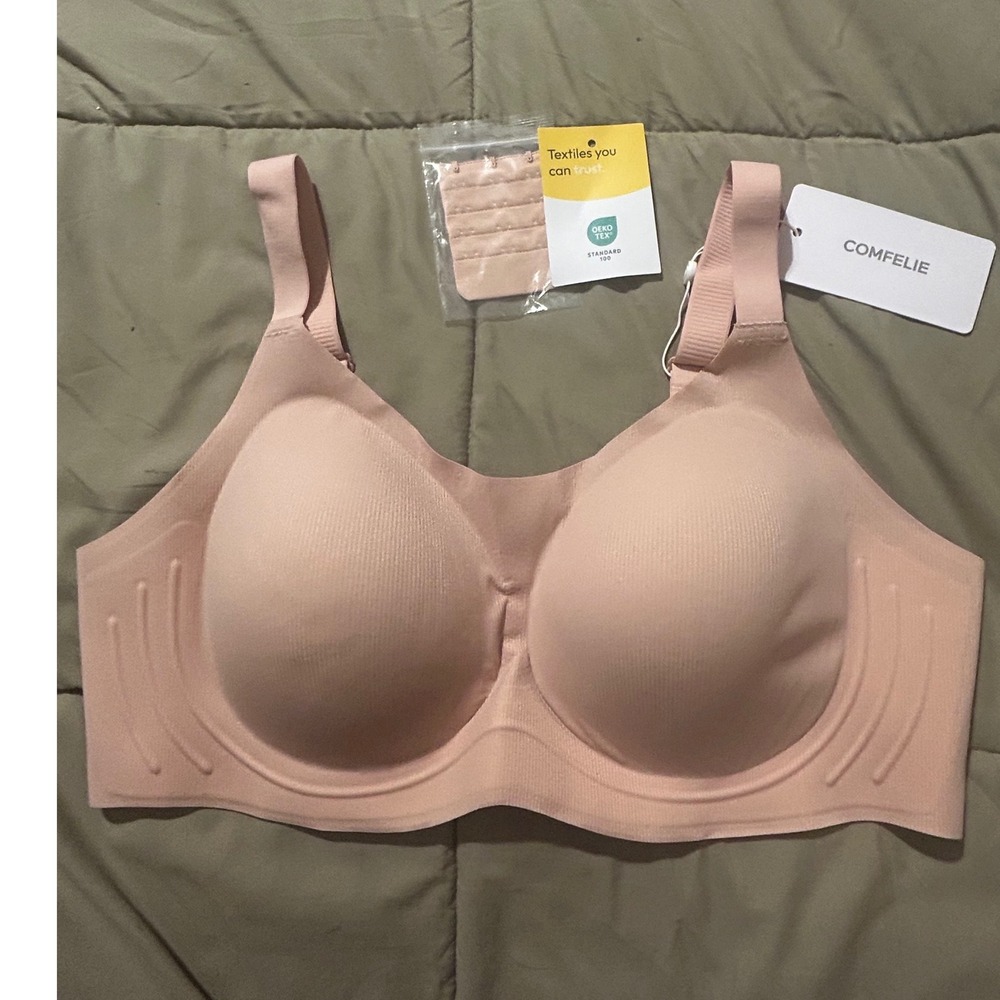 Comfelie Women XL Wireless Seamless Bra Peach Nude Hook Eye With Extender NWT